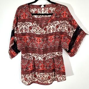 💚 5 For $25 DEB Made In USA Boho Top Size Large Rust Red Black Floral Design